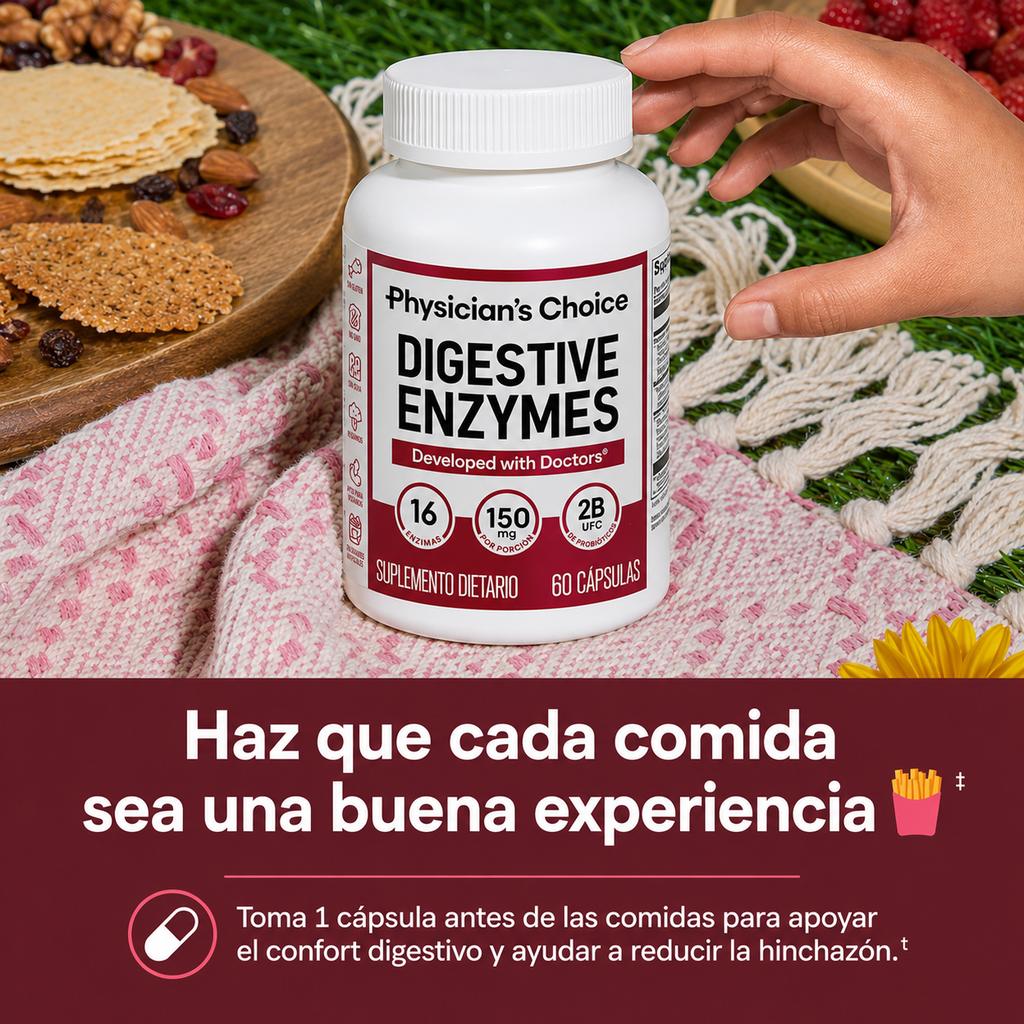PHYSICIAN'S CHOICE ENZIMAS DIGESTIVAS para la hinchazón y la digestión - Fórmula de 16 enzimas de acción rápida con prebióticos orgánicos y probióticos para la salud intestinal y digestiva - Alivio de molestias a la hora de comer - 60 CT