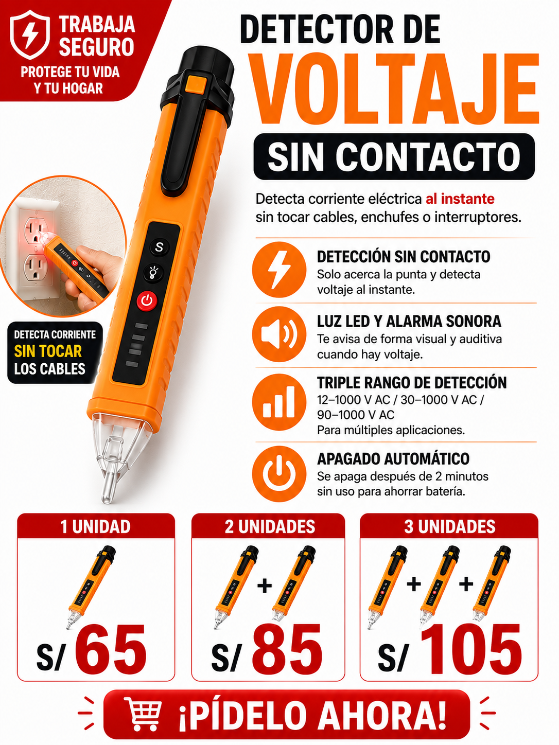DETECTOR DE VOLTAJE SIN CONTACTO, bajo voltaje de 50V a 1000V, alarma LED audibles y clip de bolsillo