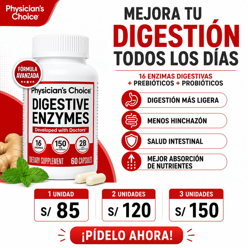 PHYSICIAN'S CHOICE ENZIMAS DIGESTIVAS para la hinchazón y la digestión - Fórmula de 16 enzimas de acción rápida con prebióticos orgánicos y probióticos para la salud intestinal y digestiva - Alivio de molestias a la hora de comer - 60 CT